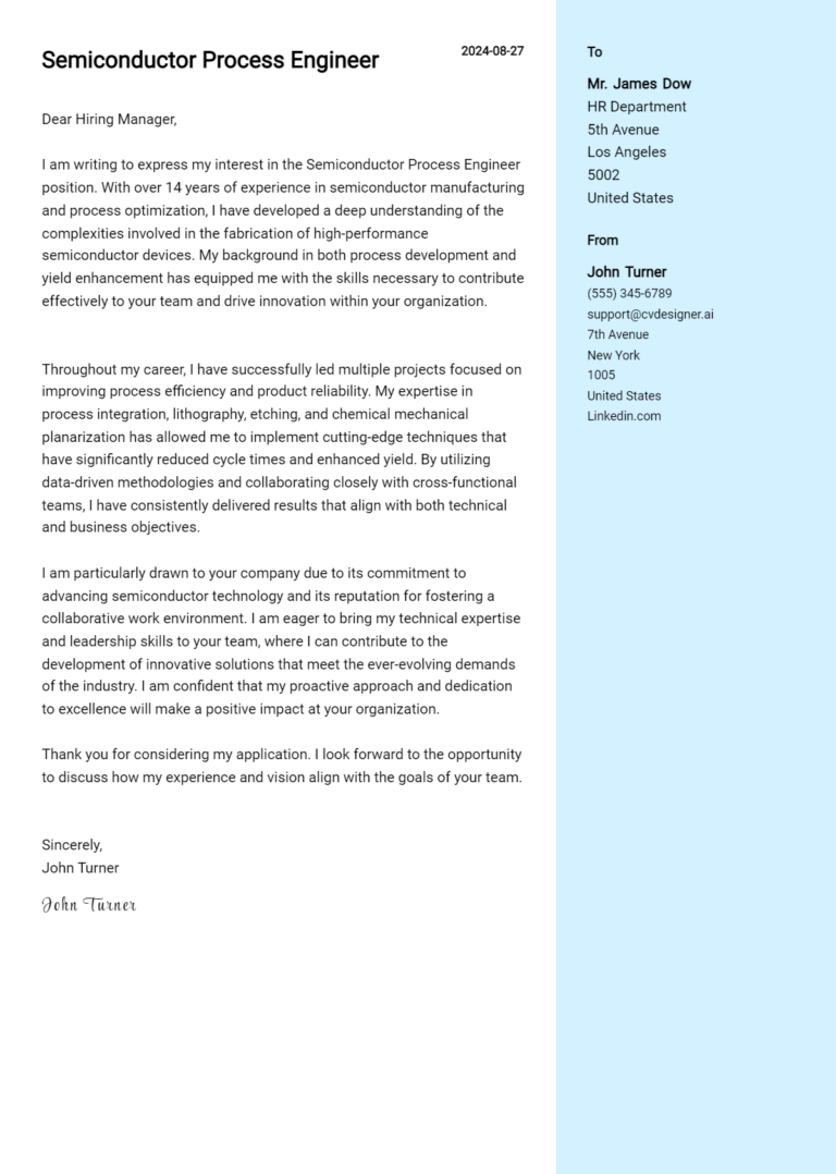 Semiconductor Process Engineer Cover Letter Example for 2025: Top CV Skills