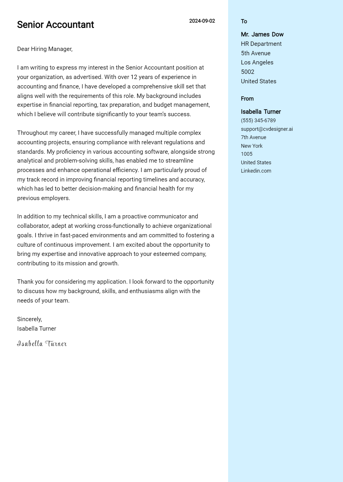 senior accountant cover letter example