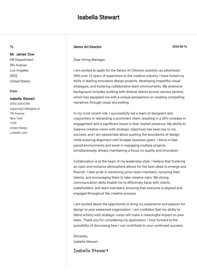 Senior Art Director Cover Letter Example for 2025: Ultimate Guide