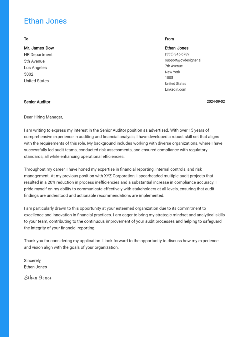 12 Senior Auditor Cover Letter Samples & Examples 2025
