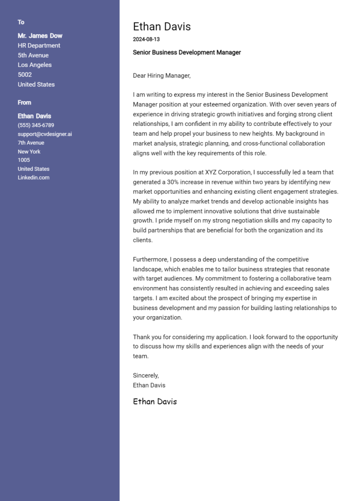 senior business development manager cover letter example