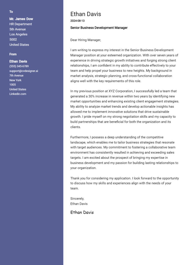 9 Senior Business Development Manager Cover Letter Examples & Samples for 2025