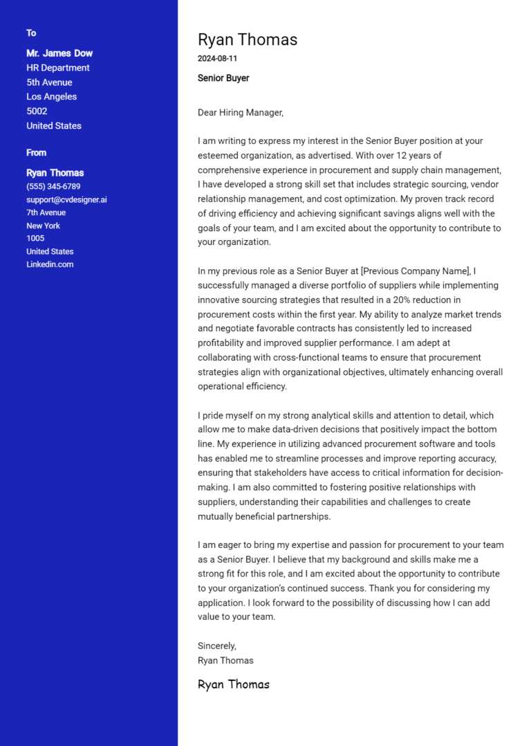 Senior Buyer Cover Letter Example for 2025 (Download Templates)