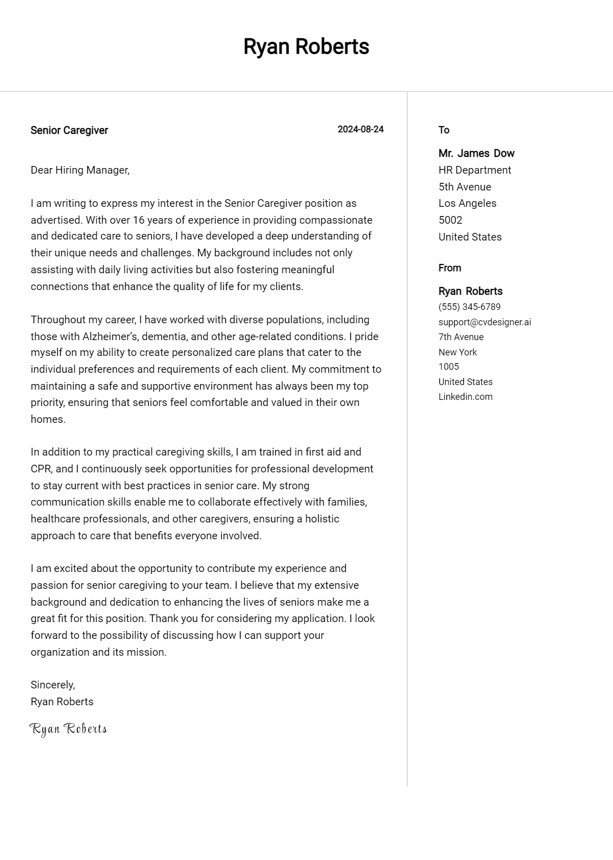 senior caregiver cover letter example