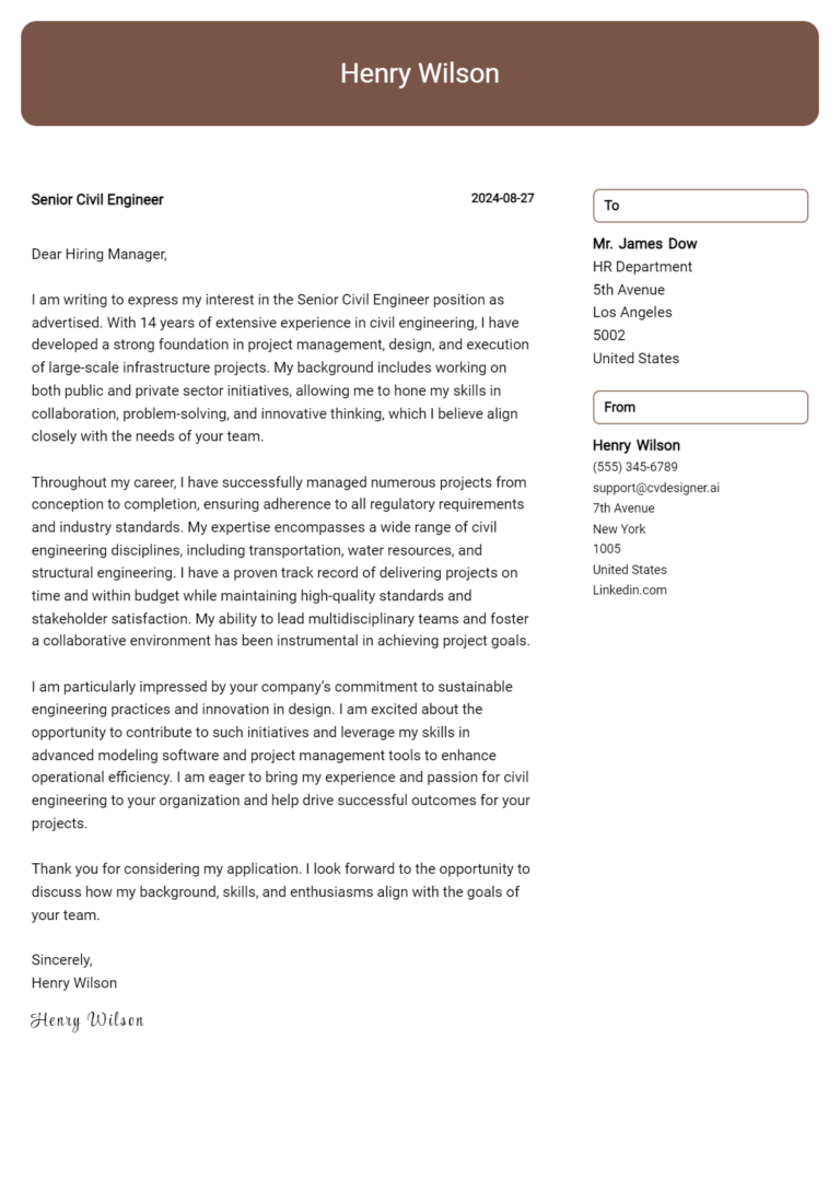 Senior Civil Engineer Cover Letter Example for 2025 (Free Templates)