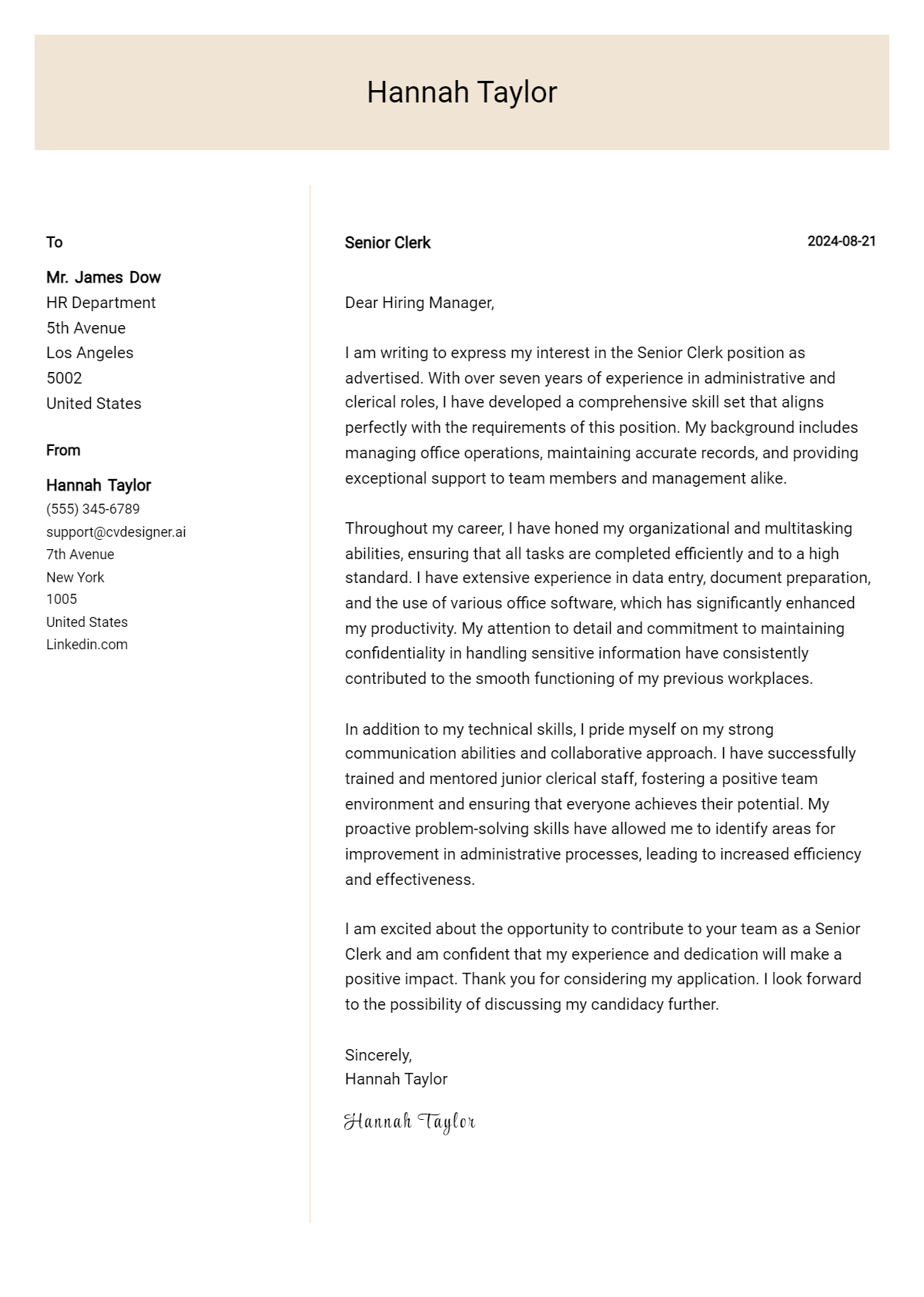 senior clerk cover letter example