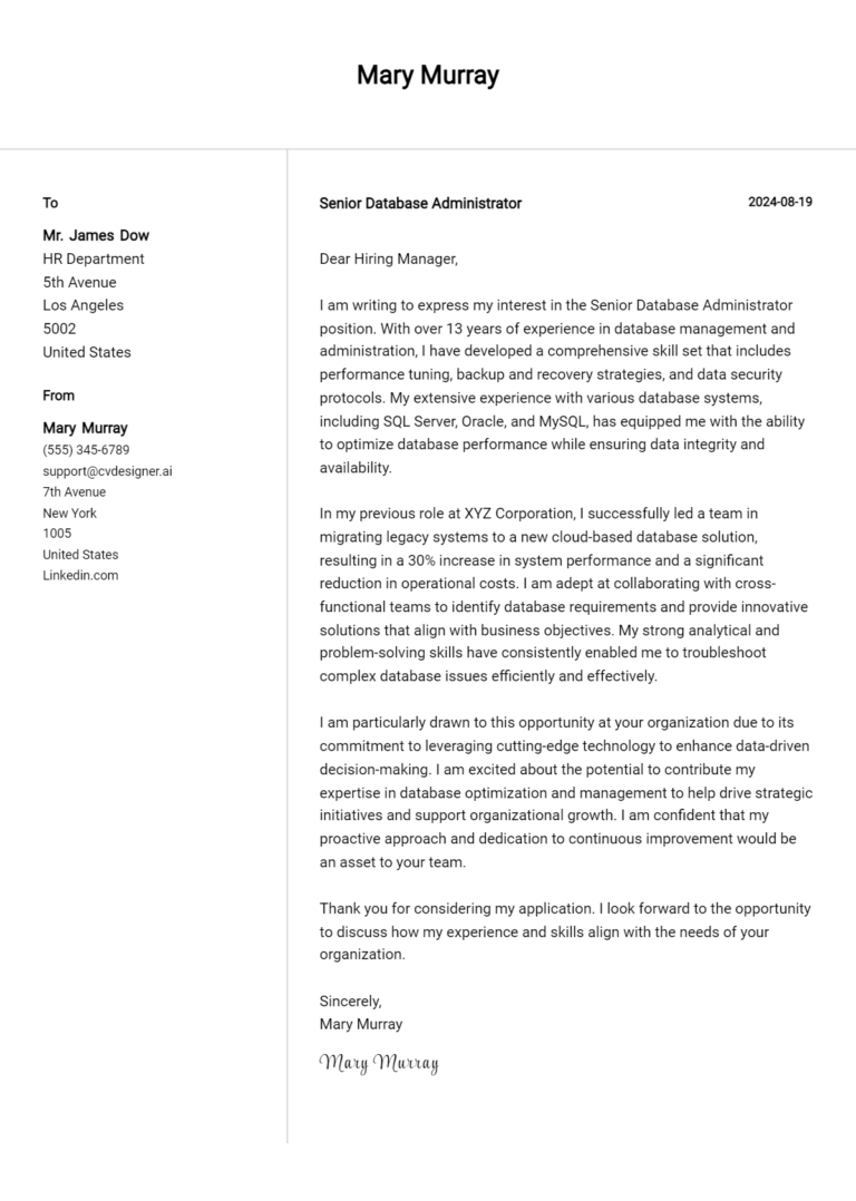 7 Senior Database Administrator Cover Letter Examples for 2025: Top CV Skills