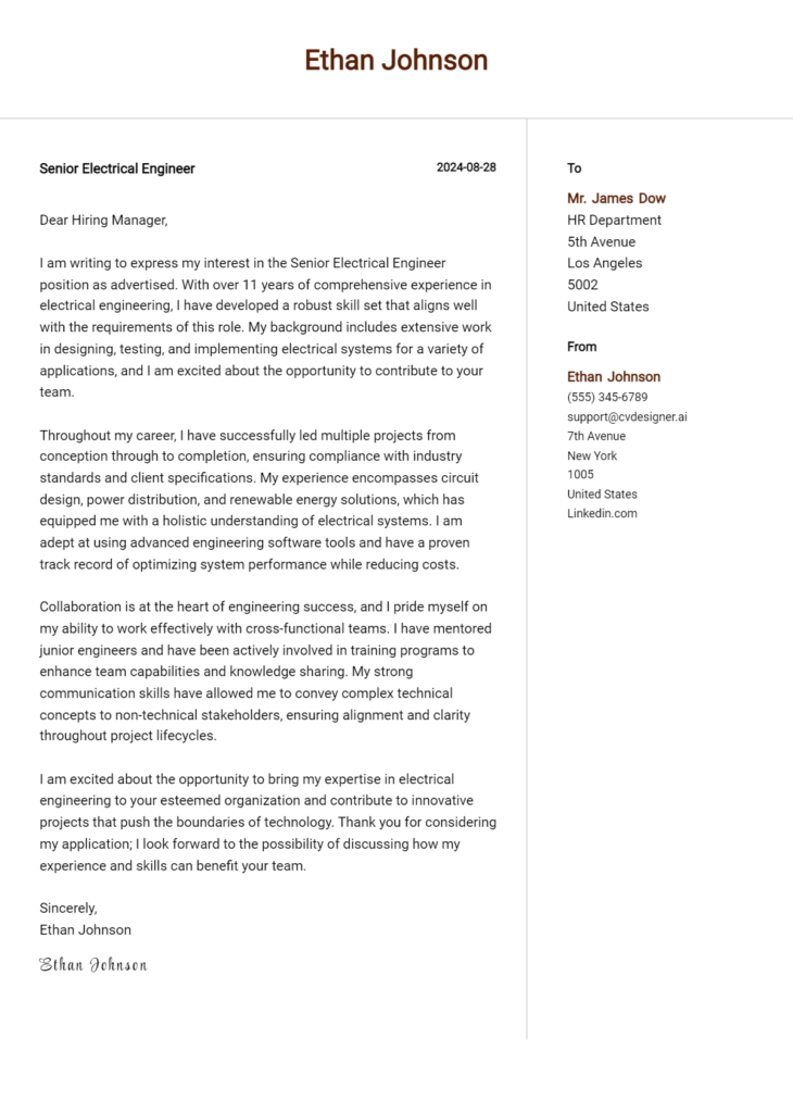 senior electrical engineer cover letter example