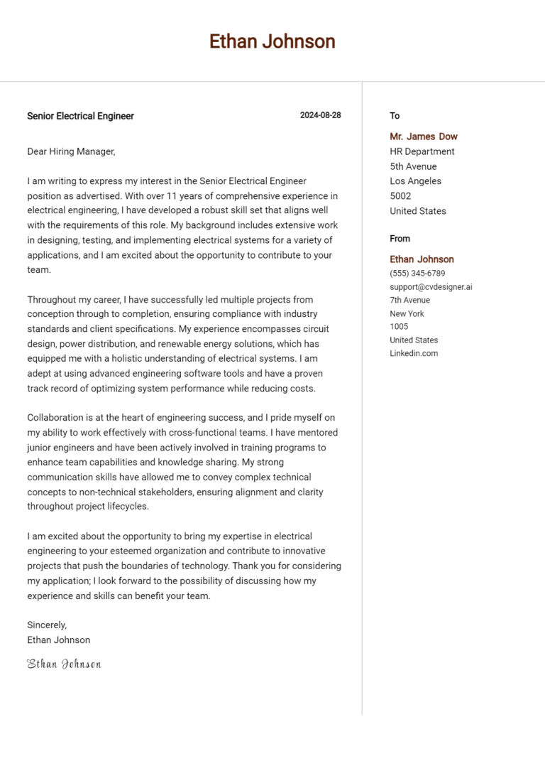 26 Senior Electrical Engineer Cover Letter Examples & Samples for 2025