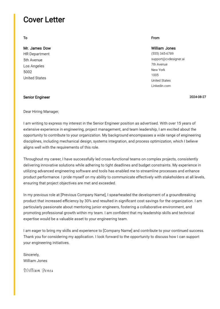 14 Senior Engineer Cover Letter Examples and Templates for 2025