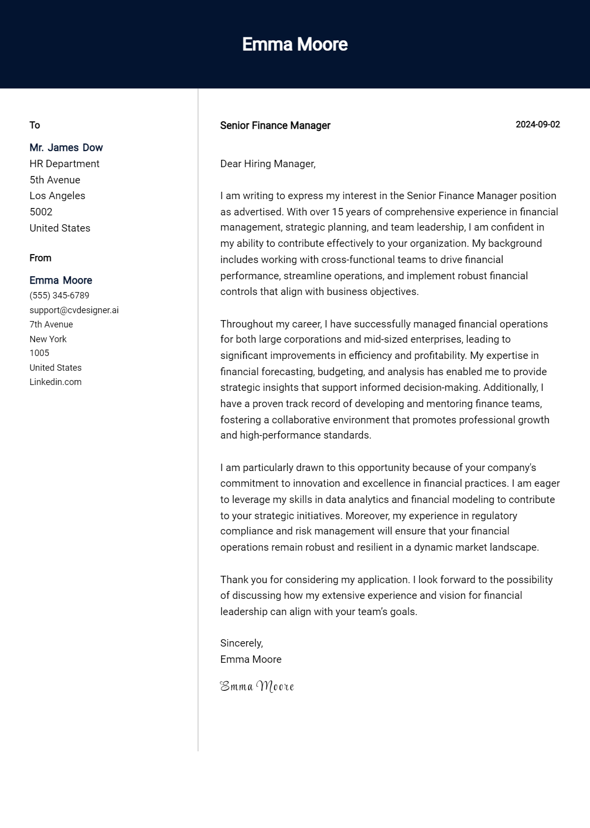senior finance manager cover letter example