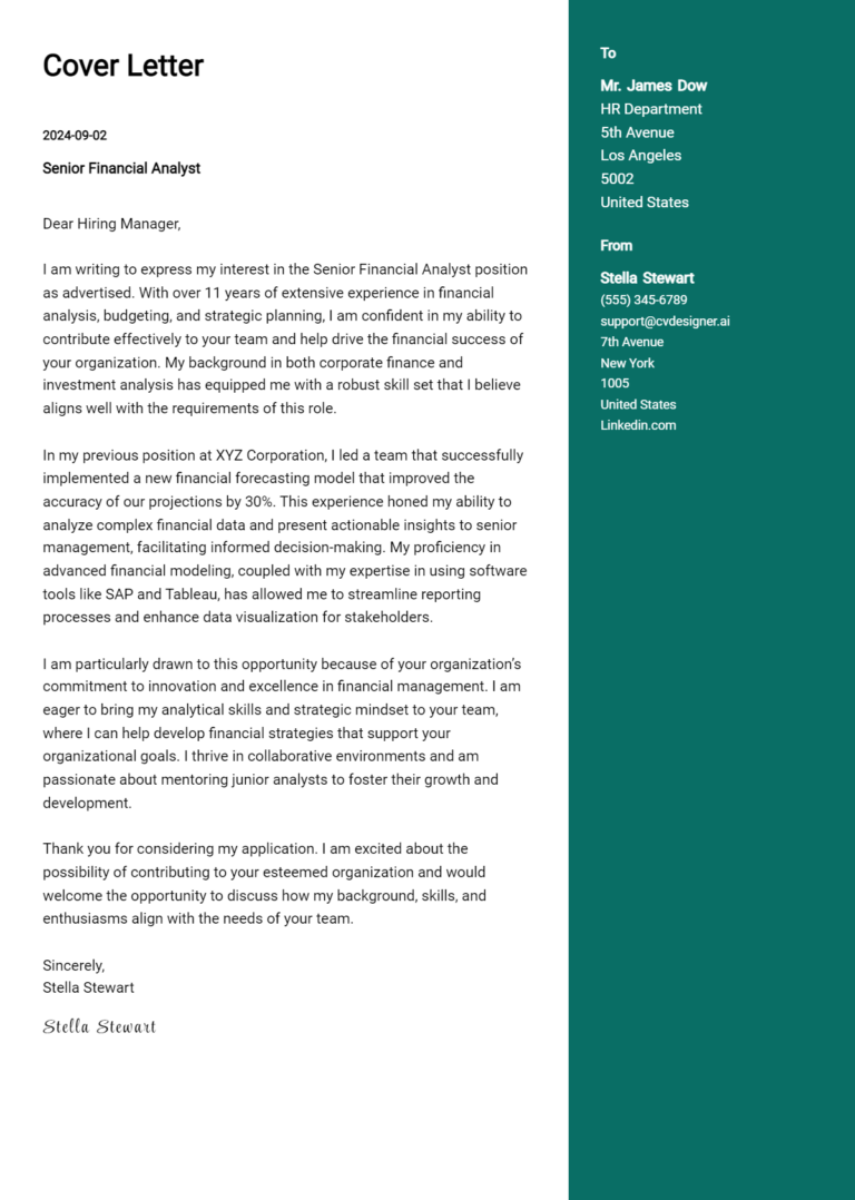 21 Senior Financial Analyst Cover Letter Example for 2025: Proven Tips