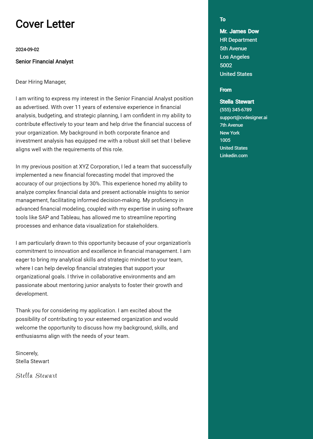 senior financial analyst cover letter example