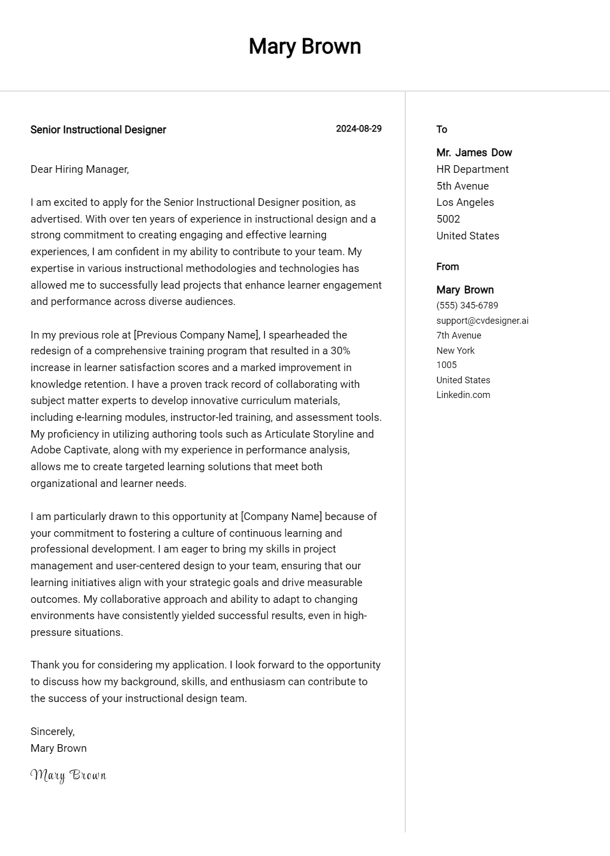 senior instructional designer cover letter example