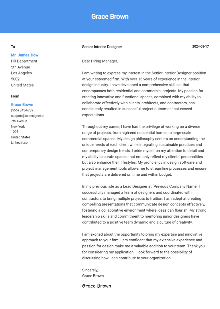 Senior Interior Designer Cover Letter Example for 2025: Expert Tips & Templates