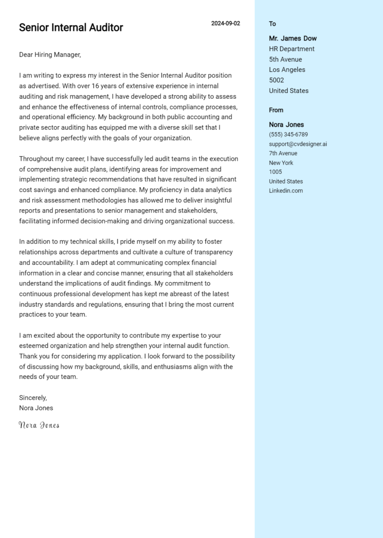 Senior Internal Auditor Cover Letter Example for 2025: Proven Tips 1 Senior Internal Auditor Cover Letter Example for 2025: Proven Tips