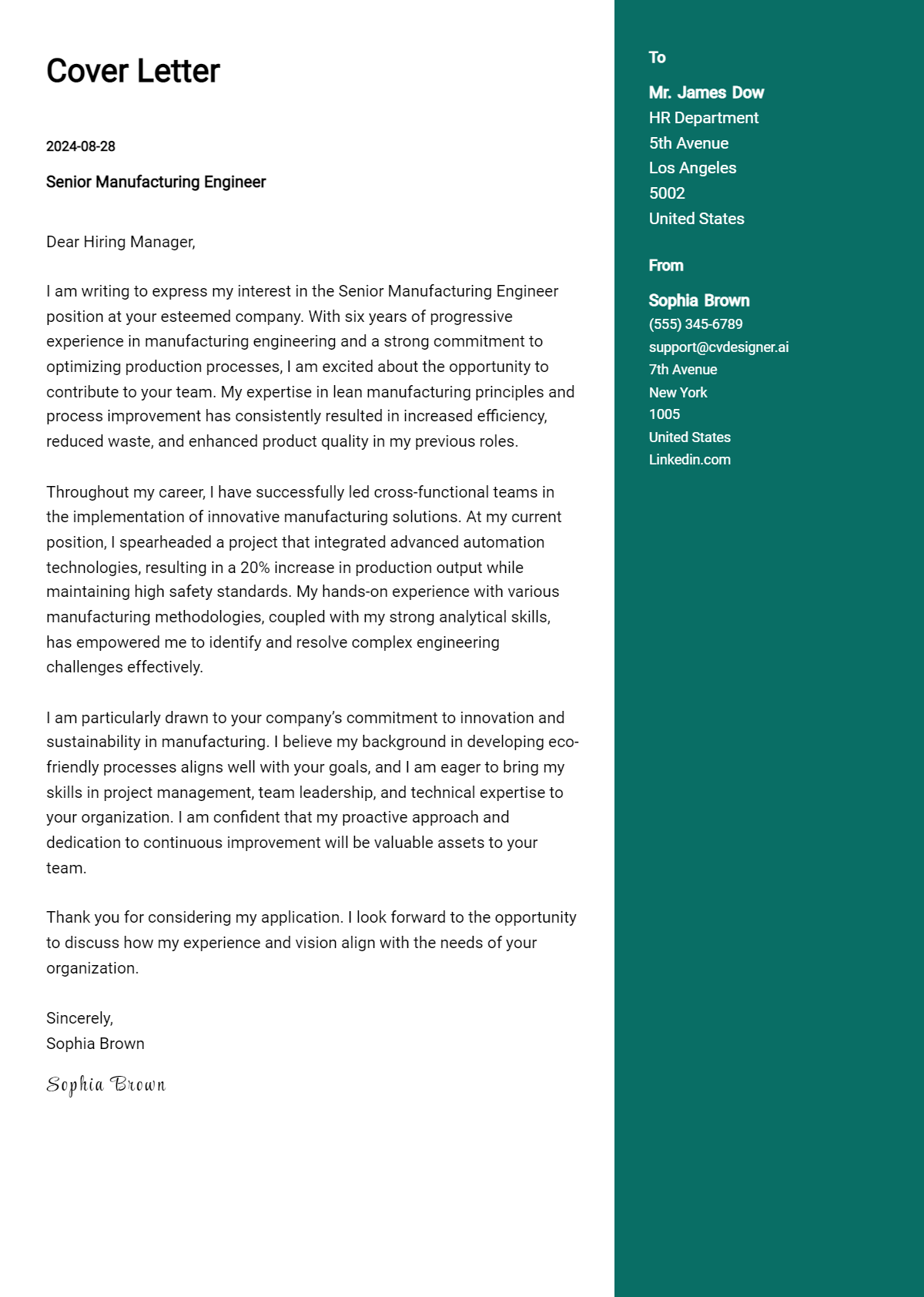 senior manufacturing engineer cover letter example