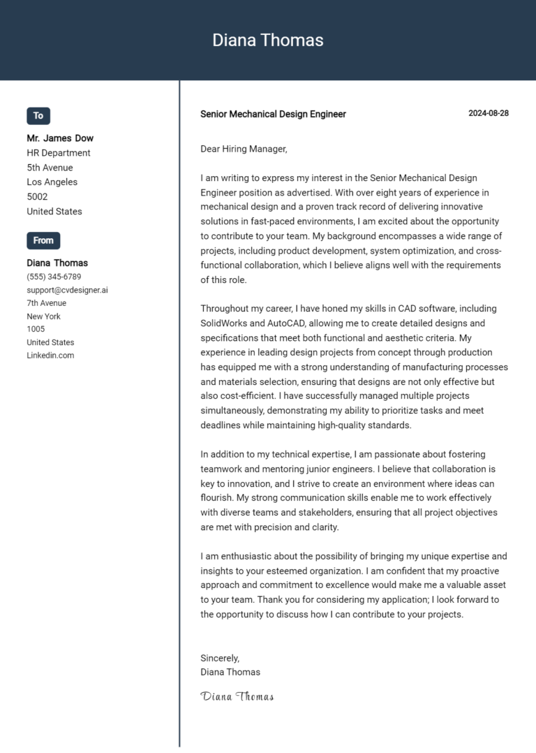 16 Senior Mechanical Design Engineer Cover Letter Examples & Samples for 2025