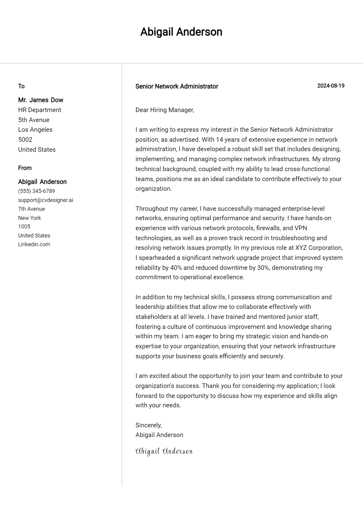 senior network administrator cover letter example