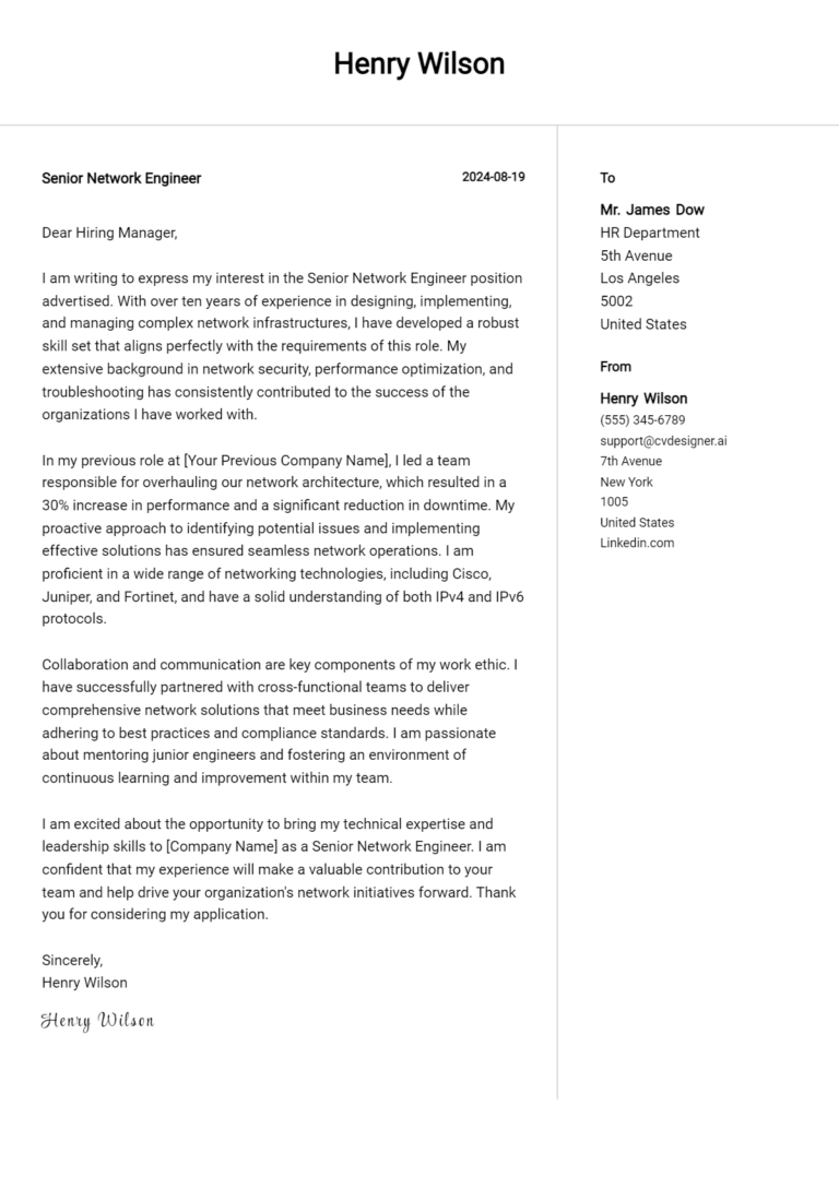14 Senior Network Engineer Cover Letter Examples for 2025: Free Templates