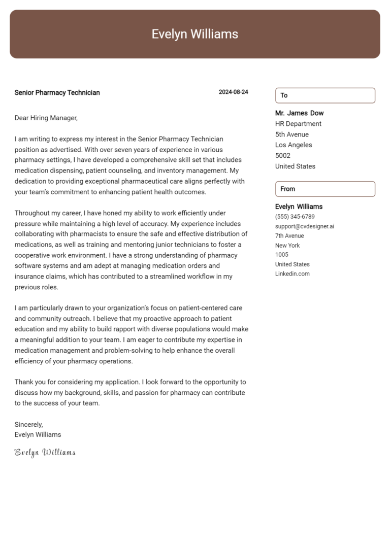 Senior Pharmacy Technician Cover Letter Example for 2025 (Download Templates)