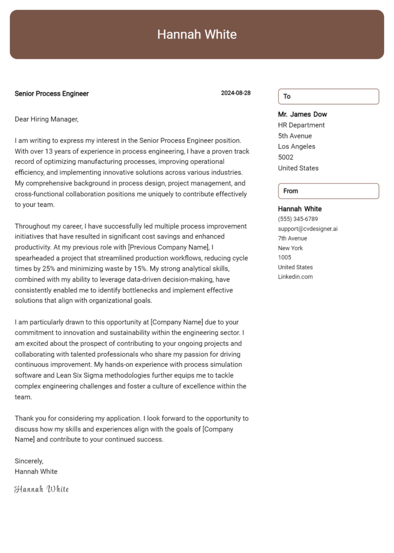Senior Process Engineer Cover Letter Example for 2025: Free Templates