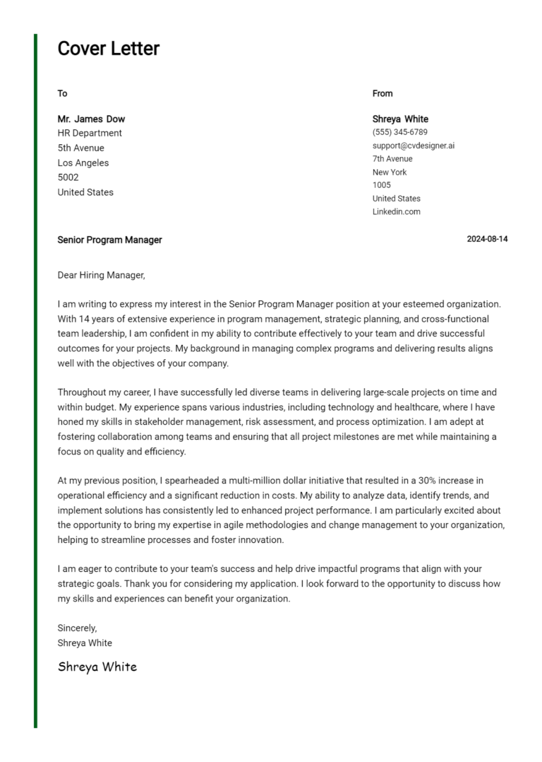 Senior Program Manager Cover Letter Examples with Writing Tips for 2025