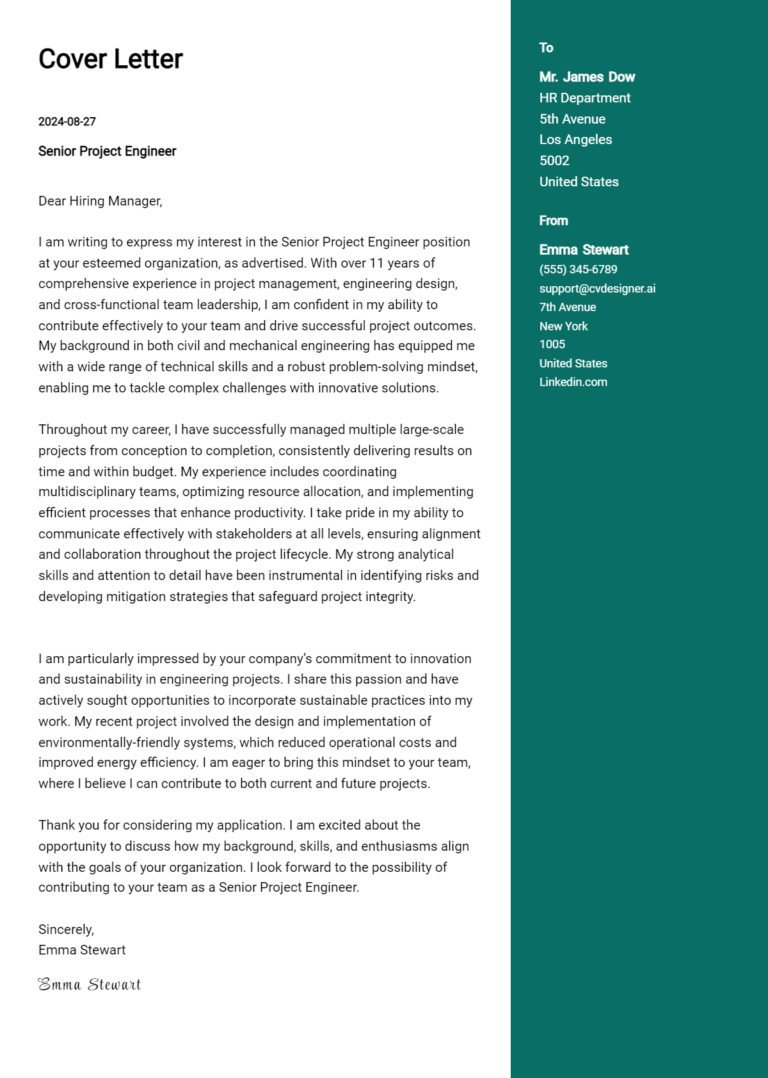 Senior Project Engineer Cover Letter Examples & Samples for 2025