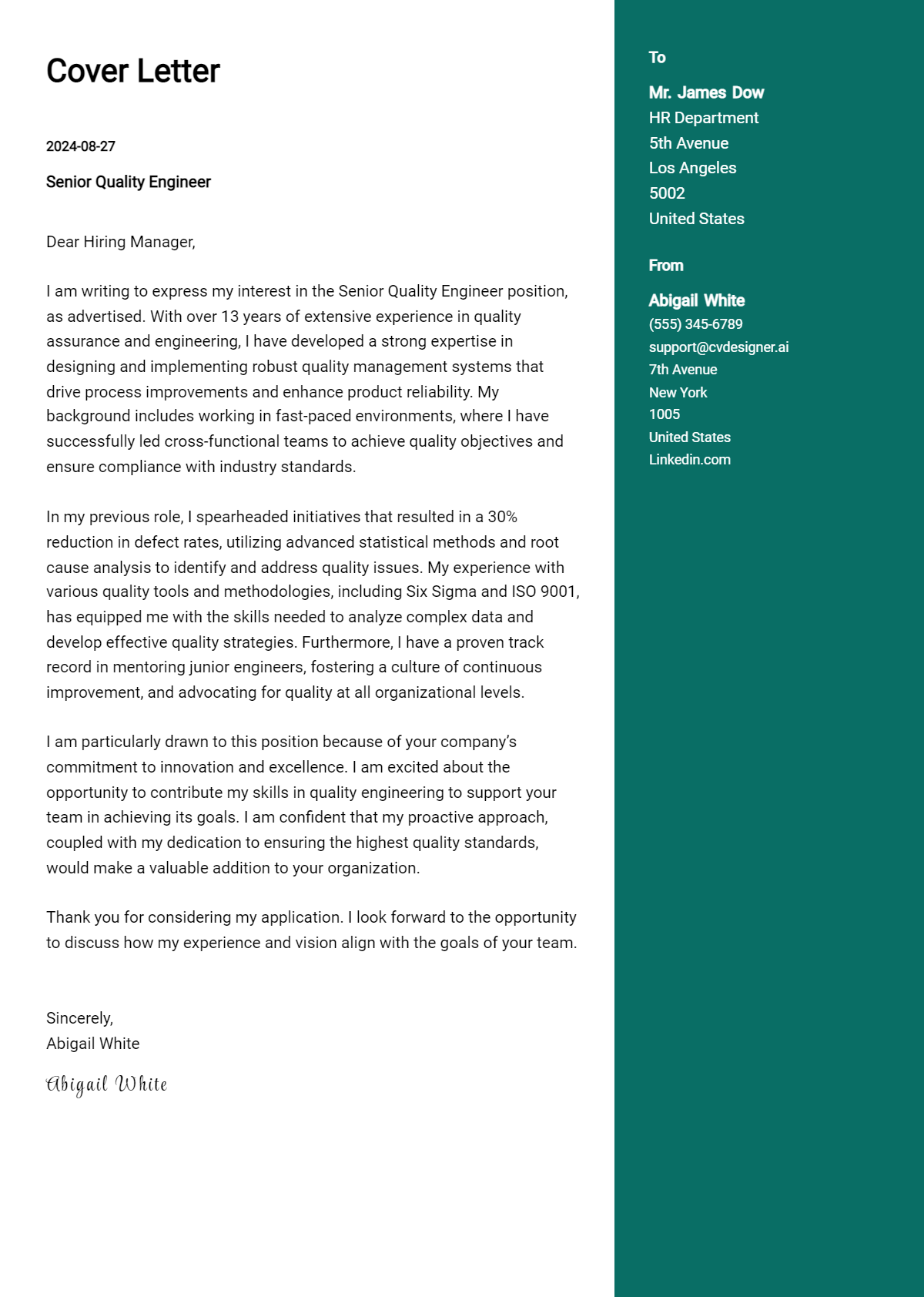 senior quality engineer cover letter example