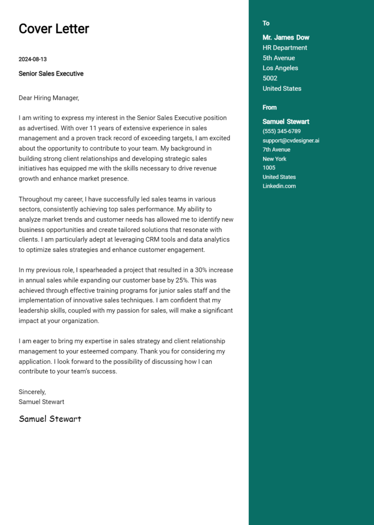 18 Senior Sales Executive Cover Letter Examples for 2025: Ultimate Guide