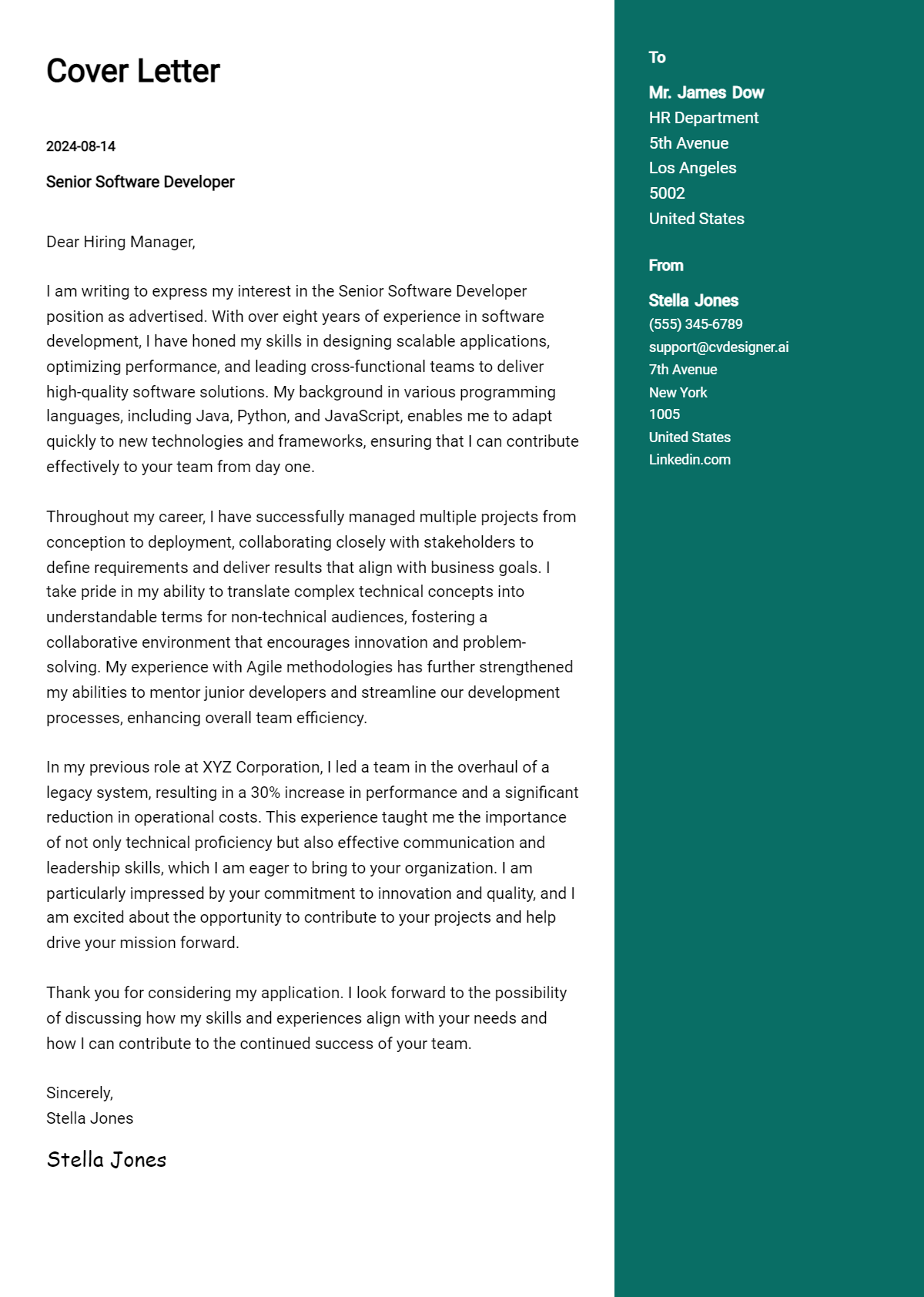 senior software developer cover letter example