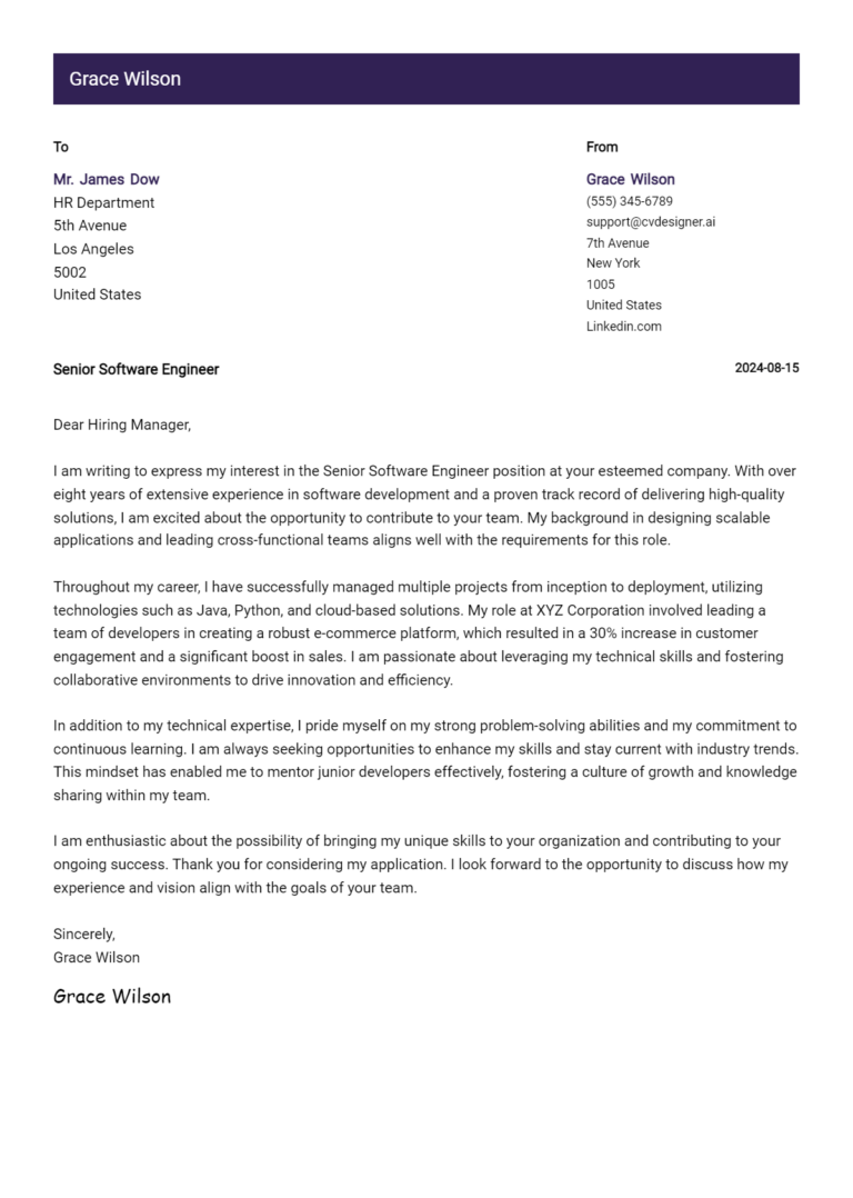 Senior Software Engineer Cover Letter Samples & Examples 2025