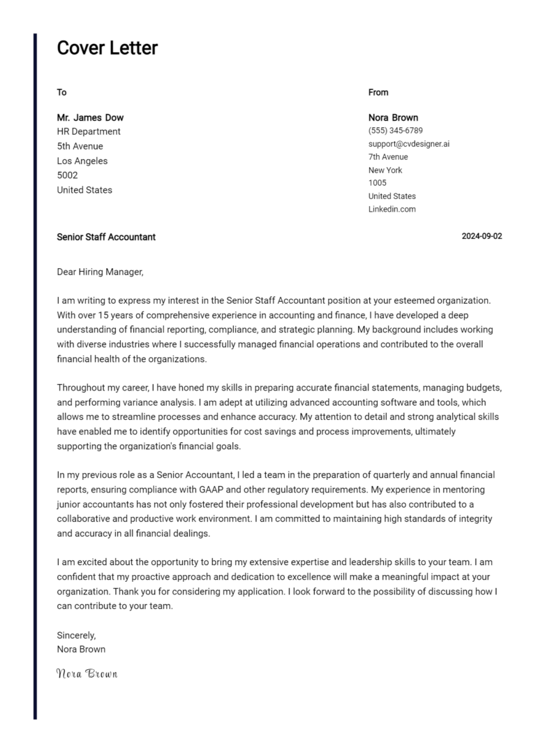 24 Senior Staff Accountant Cover Letter Example for 2025 (Download Templates)