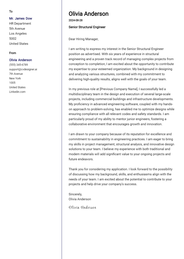 Senior Structural Engineer Cover Letter Examples and Templates for 2025