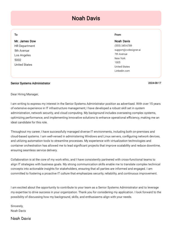 Senior Systems Administrator Cover Letter Example for 2024 (Writing ...