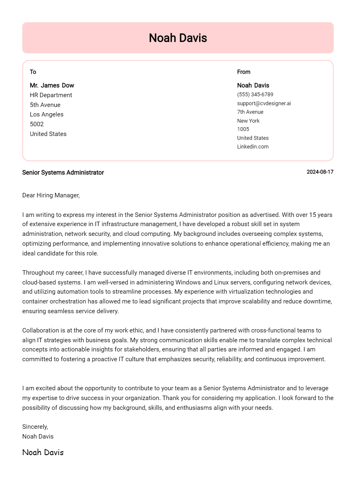 senior systems administrator cover letter example