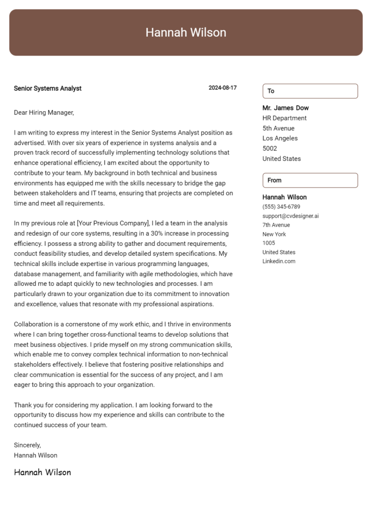 senior systems analyst cover letter example