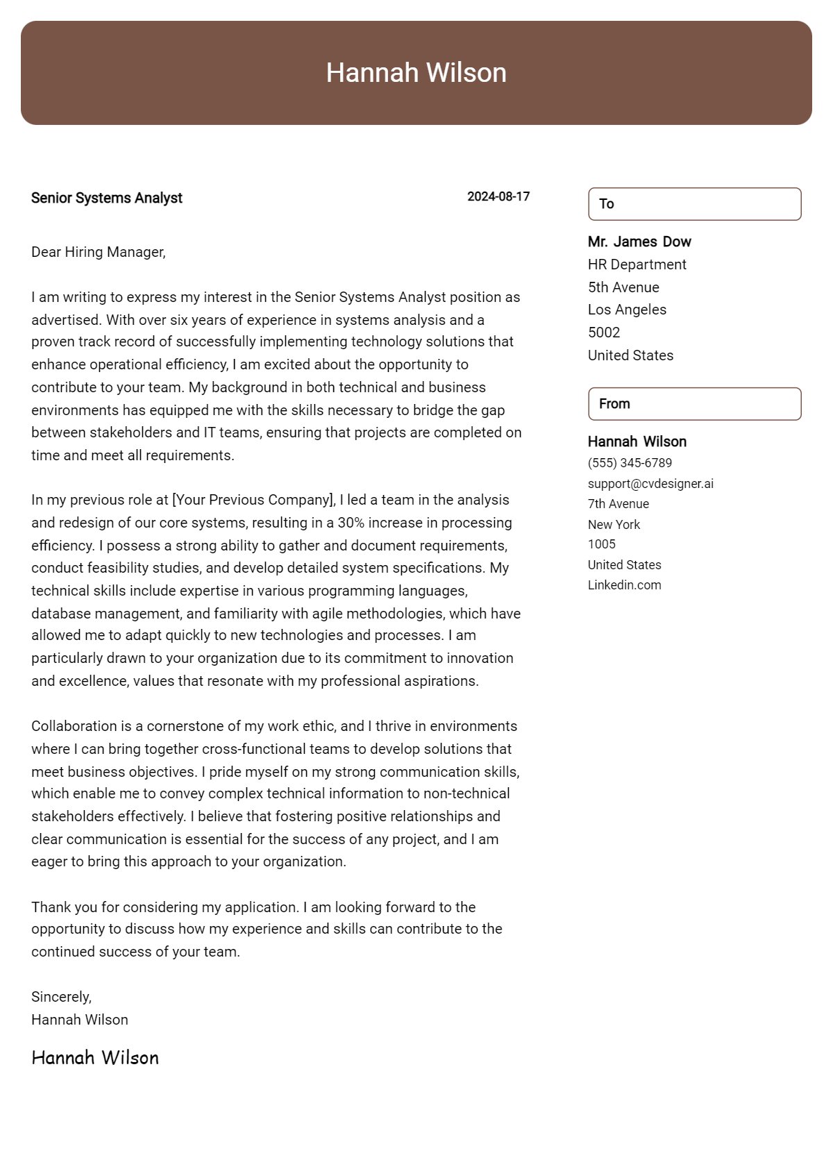 senior systems analyst cover letter example