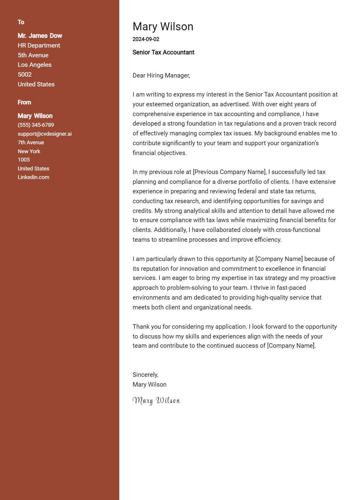 senior tax accountant cover letter example