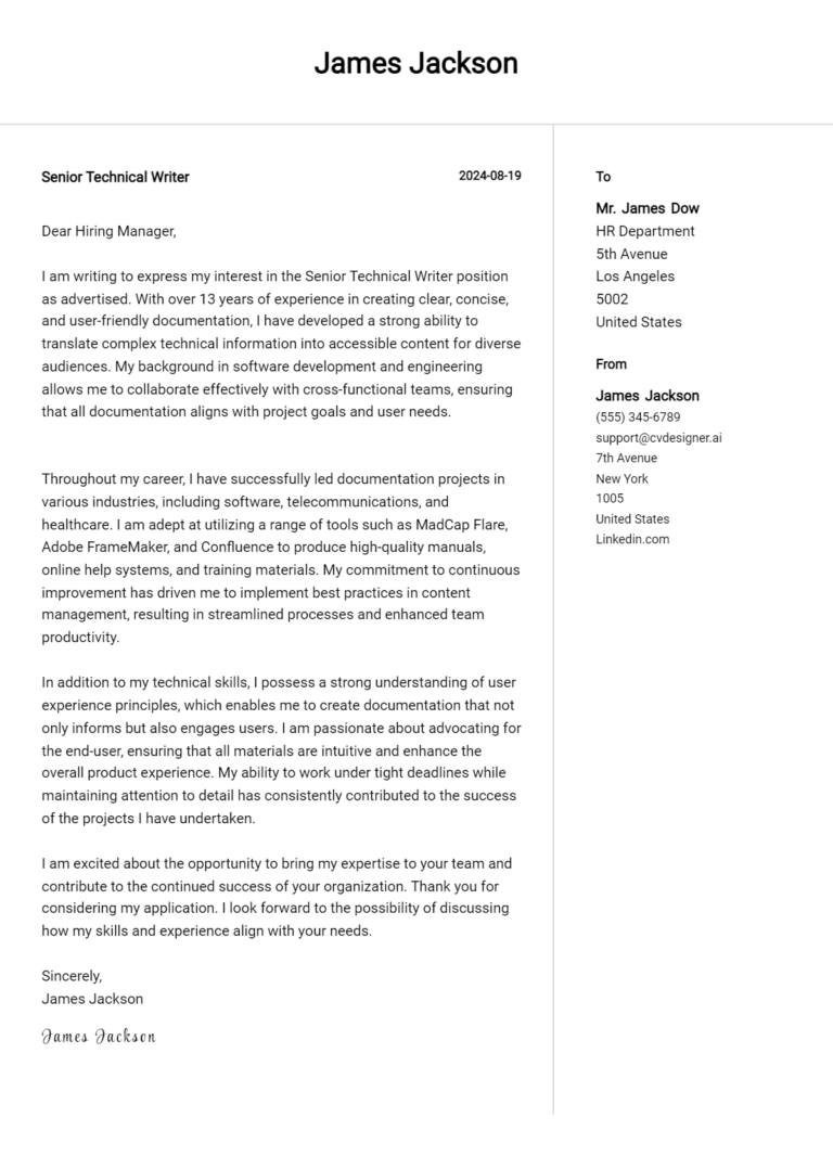Senior Technical Writer Cover Letter Example for 2025 (Writing Guide)