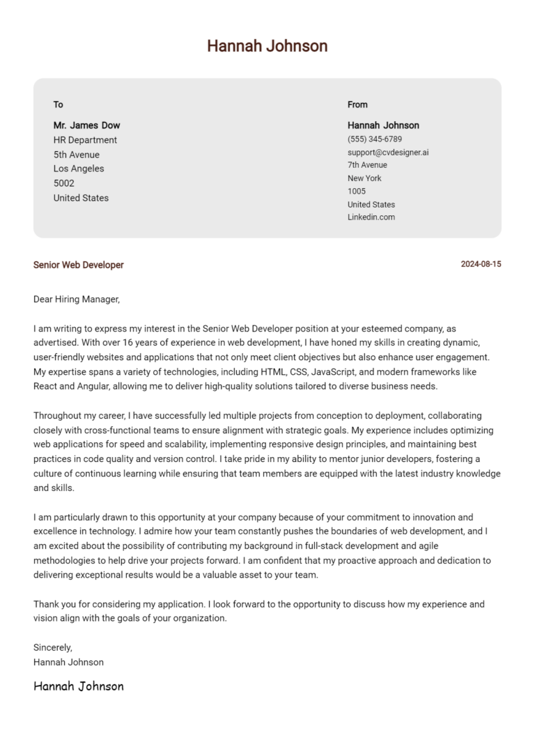 Senior Web Developer Cover Letter Examples & Samples for 2025