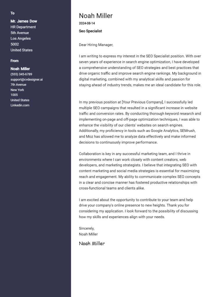 SEO Specialist Cover Letter Example for 2024 (Free Templates ...