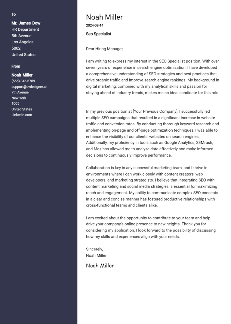SEO Specialist Cover Letter Example for 2025 (Free Templates)
