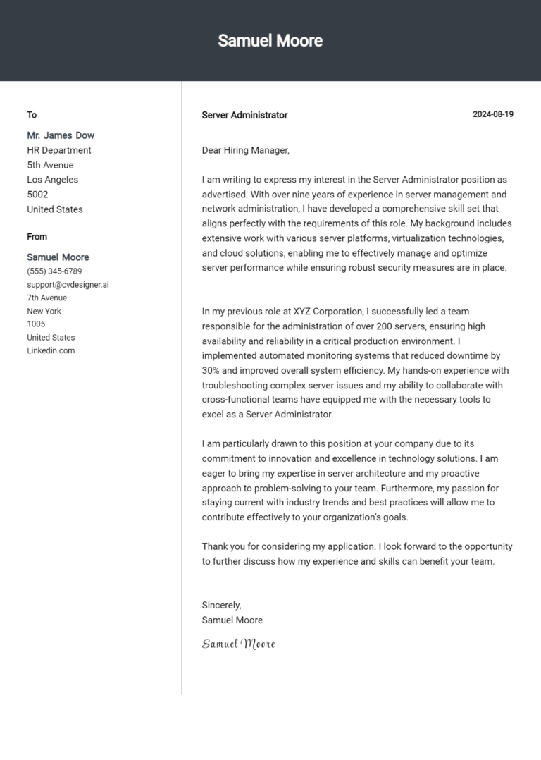 Server Administrator Cover Letter Examples & Samples for 2025