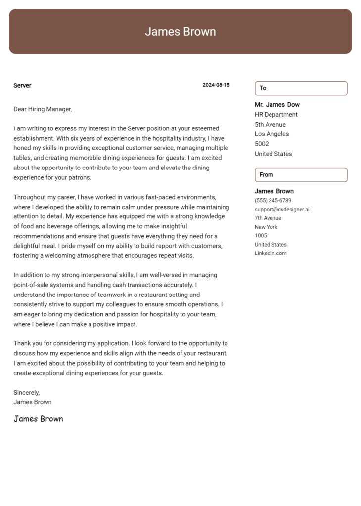 Server Cover Letter Samples & Examples 2024 - CVDesigner.ai