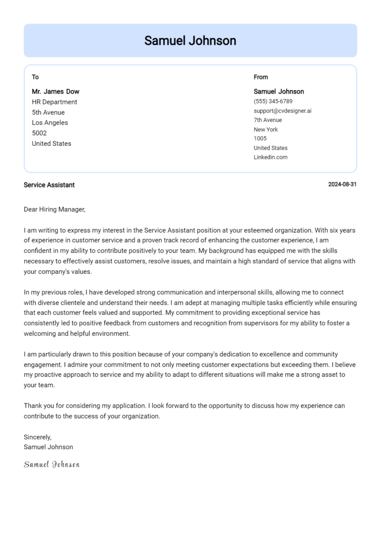 Service Assistant Cover Letter Examples for 2025 (Downloadable)