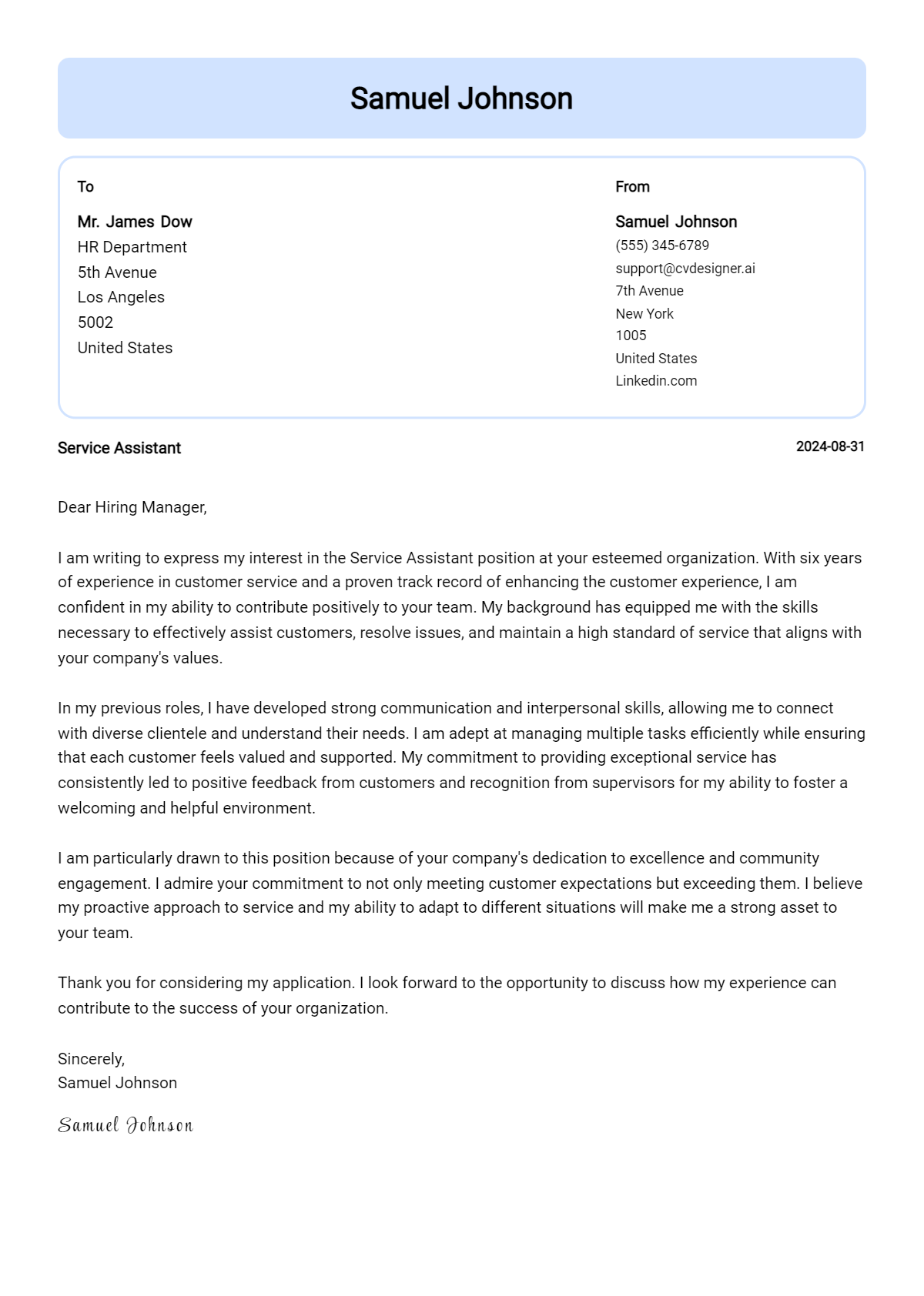 service assistant cover letter example