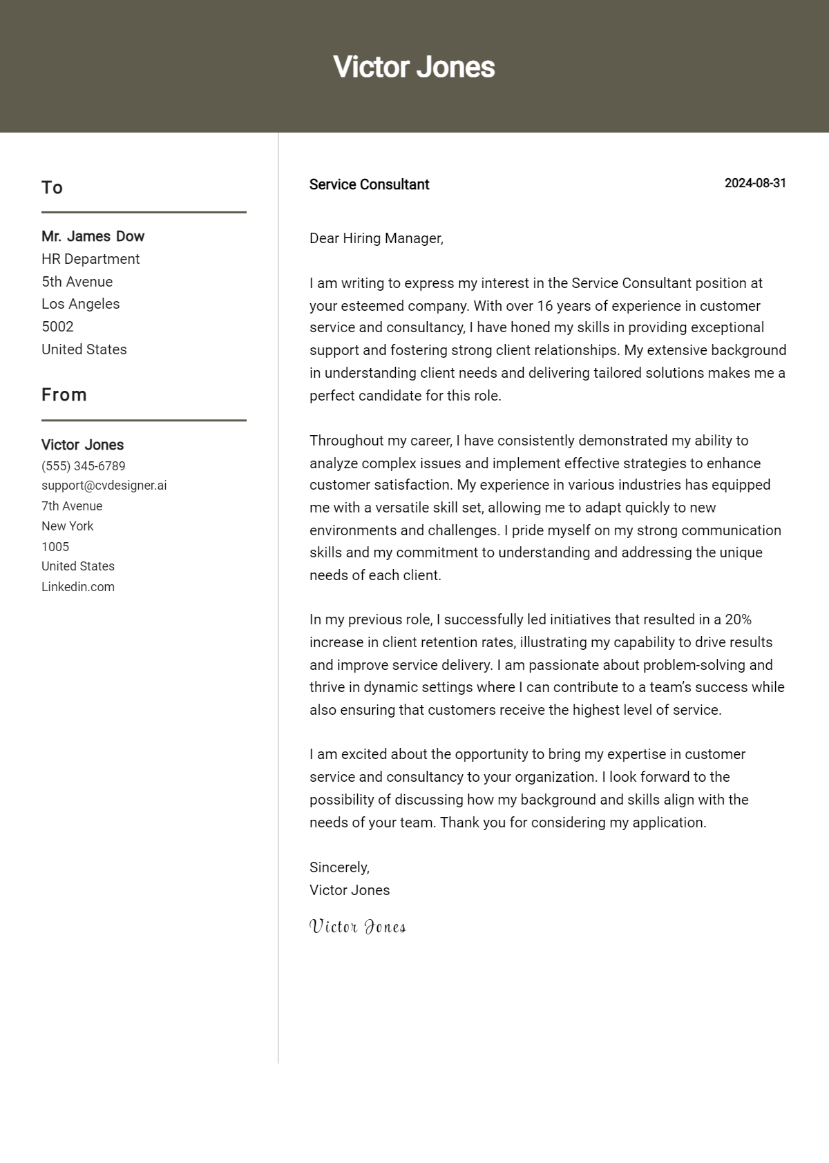 service consultant cover letter example
