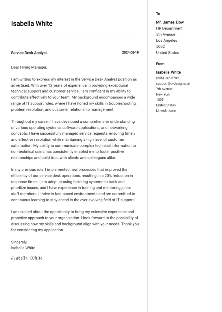 Service Desk Analyst Cover Letter Example for 2025: Expert Tips & Templates