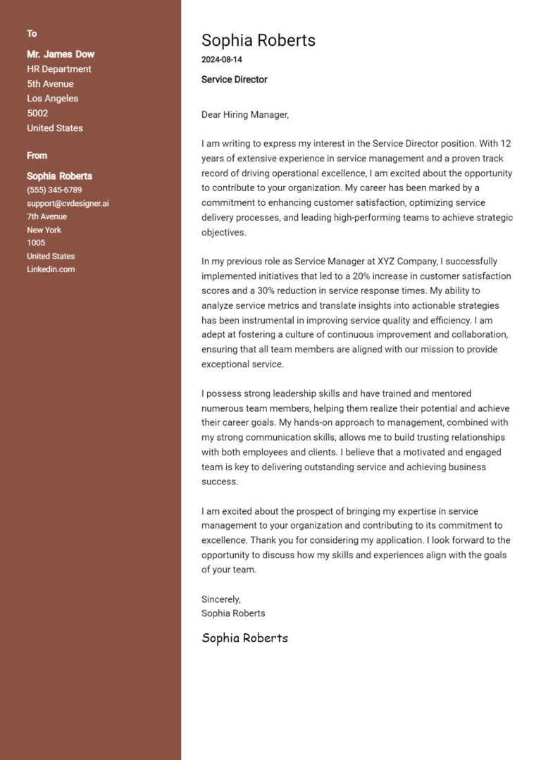 Service Director Cover Letter Examples & Samples for 2025